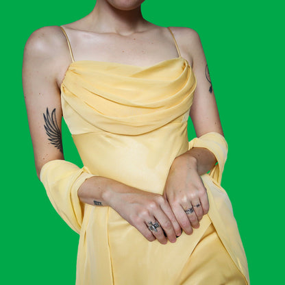 Yellow chiffon evening dress with shawl UK 8 & UK 12