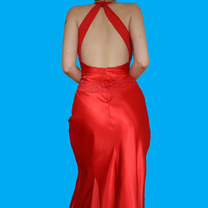 Stunning red satin beaded evening dress UK 8