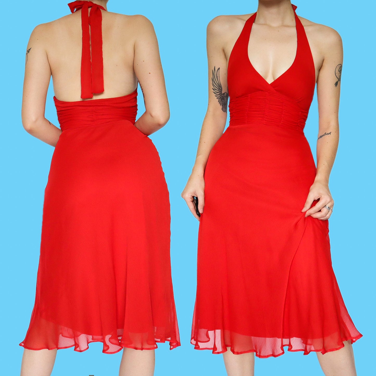 Red halter-neck midi dress UK 8 & UK 12
