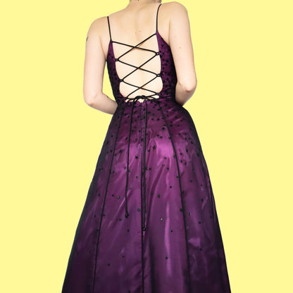 Purple glittery star print a line prom dress UK 6