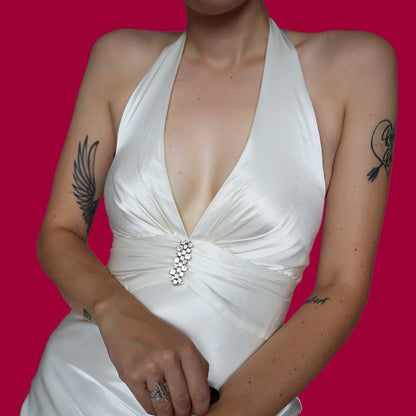 White satin diamanté wedding evening dress UK 8