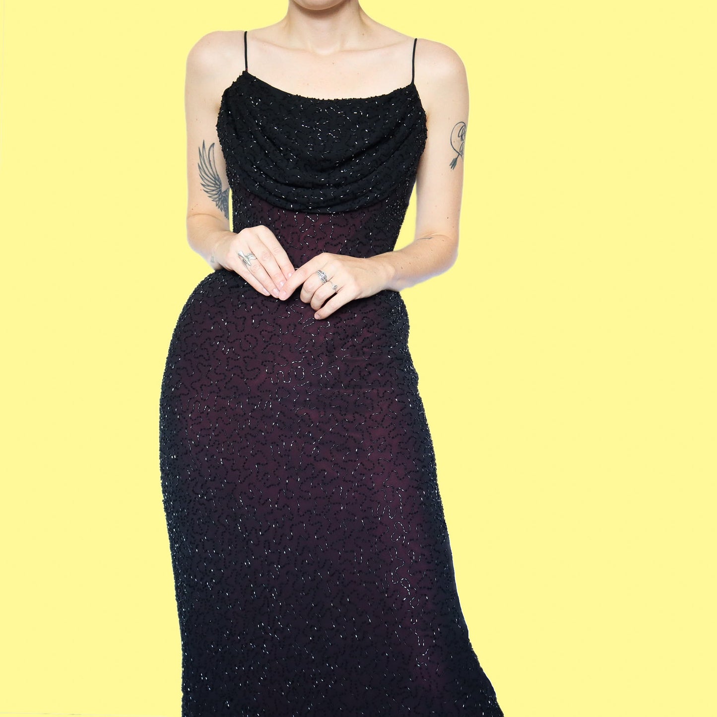 Black & red heavily beaded slip evening dress UK 12