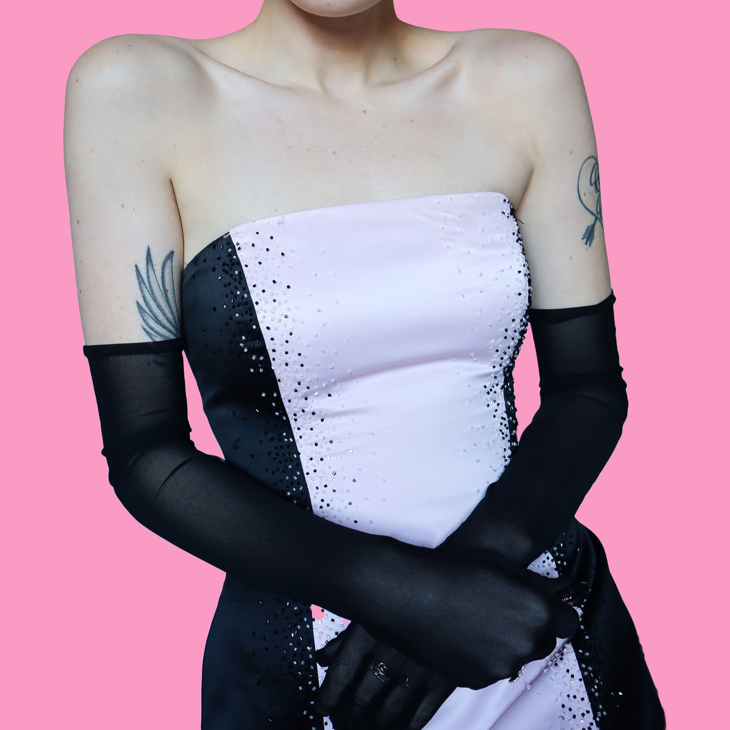 Black & pink strapless a line evening dress UK 12