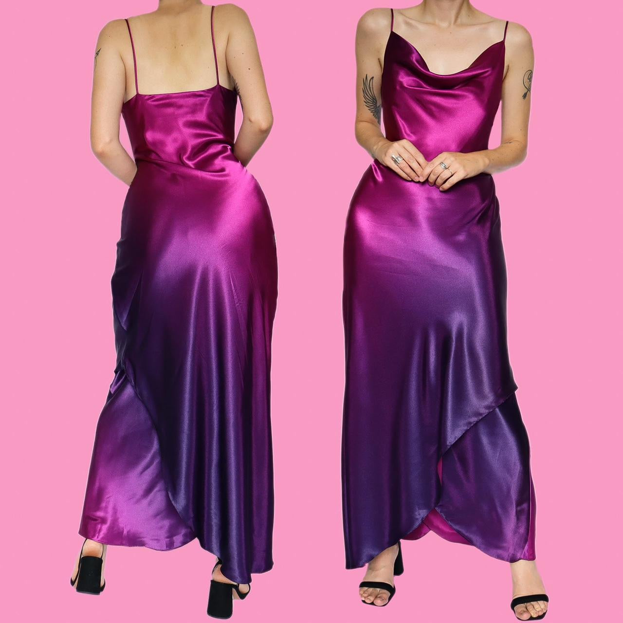 Pink & purple satin slip evening dress UK 12