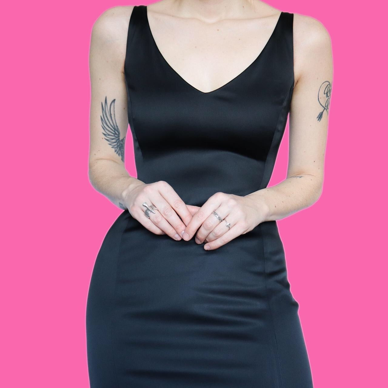 Chic black stretch open back detail evening dress UK 12