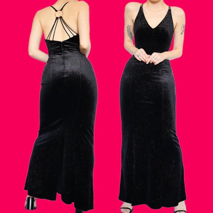 Black glittery velvet stretch evening dress UK 12