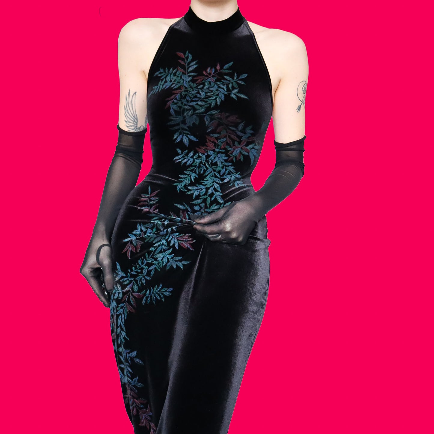 Black velvet high neck evening dress UK 10
