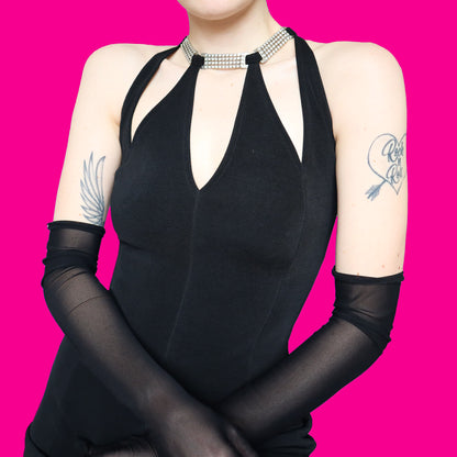 Chic black diamanté detail evening dress UK 14