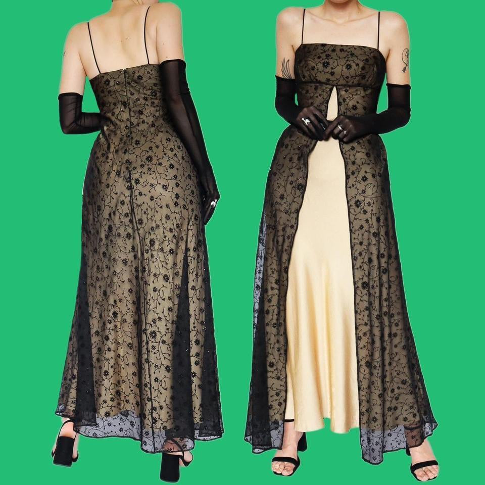 Gold & black floral slip evening dress UK 8