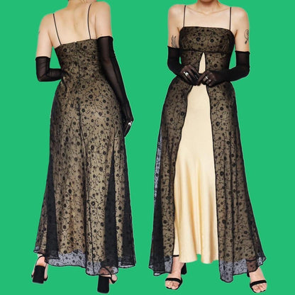 Gold & black floral slip evening dress UK 8