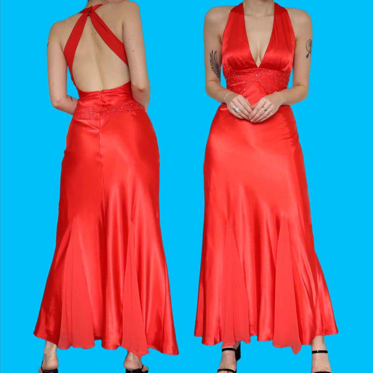 Stunning red satin beaded evening dress UK 8