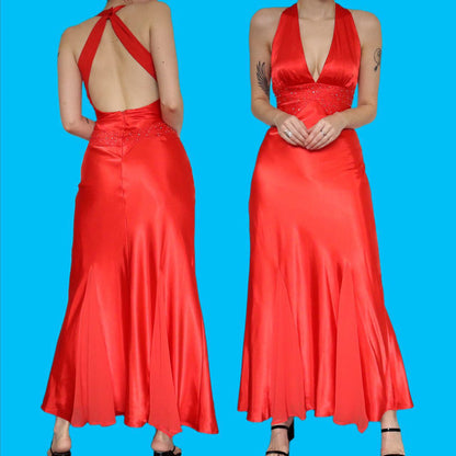 Stunning red satin beaded evening dress UK 8
