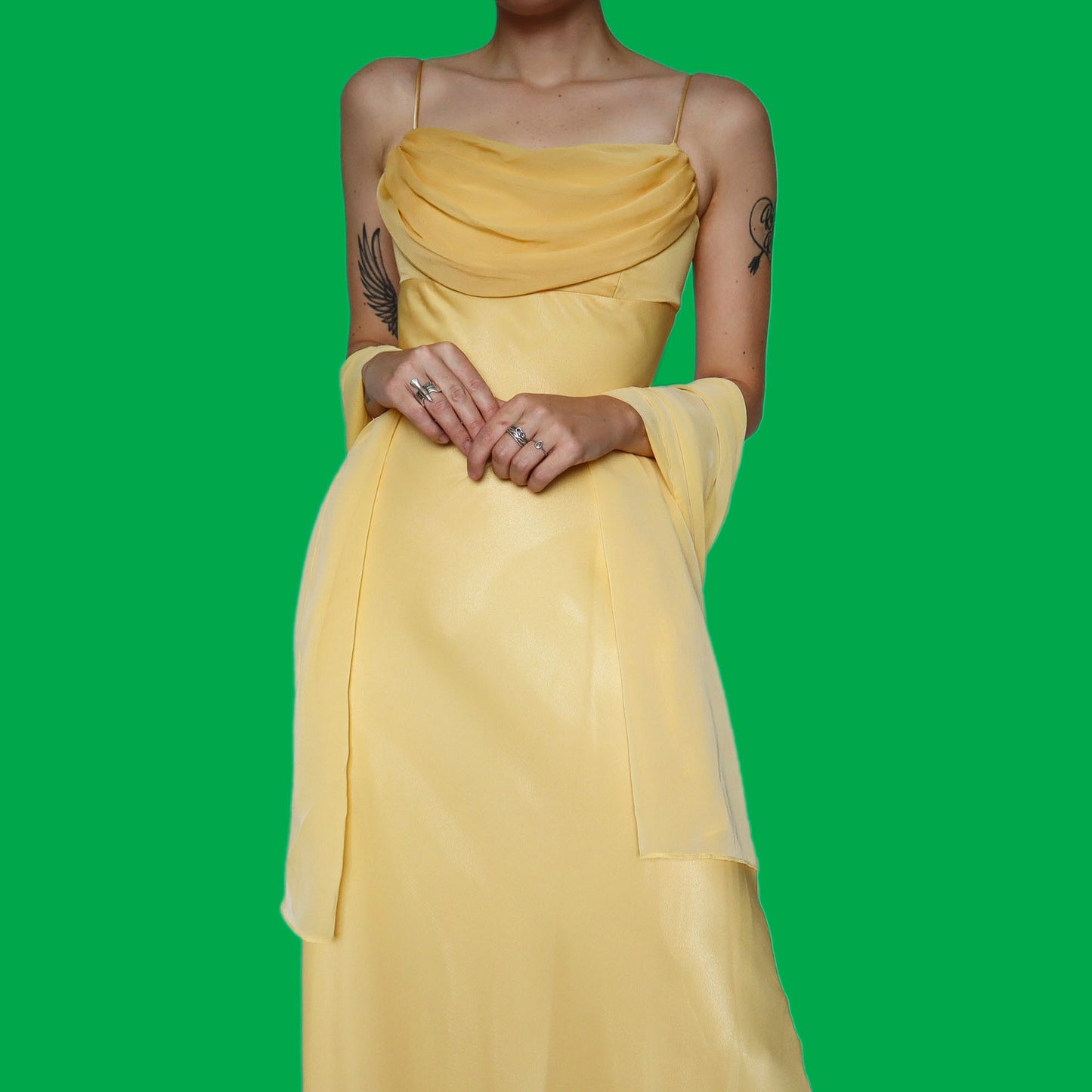 Yellow chiffon evening dress with shawl UK 8 & UK 12