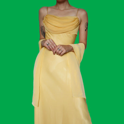 Yellow chiffon evening dress with shawl UK 8 & UK 12
