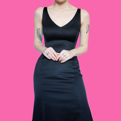 Chic black stretch open back detail evening dress UK 12