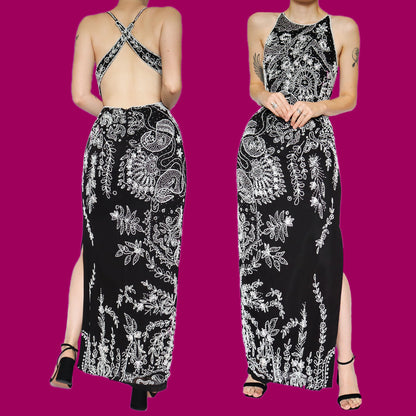 Black & white heavily beaded evening dress UK 10