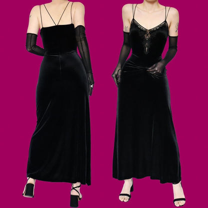 Black velvet stretch evening dress UK 12
