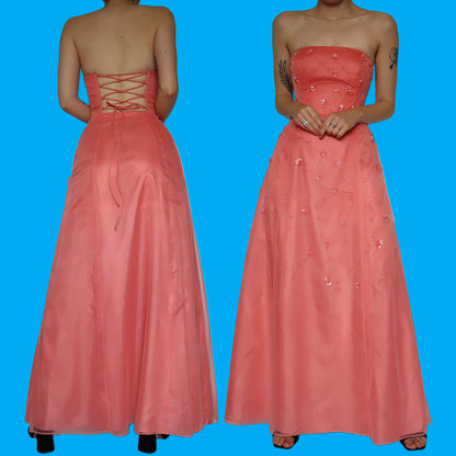 Beautiful peach beaded floral a line evening dress UK 10