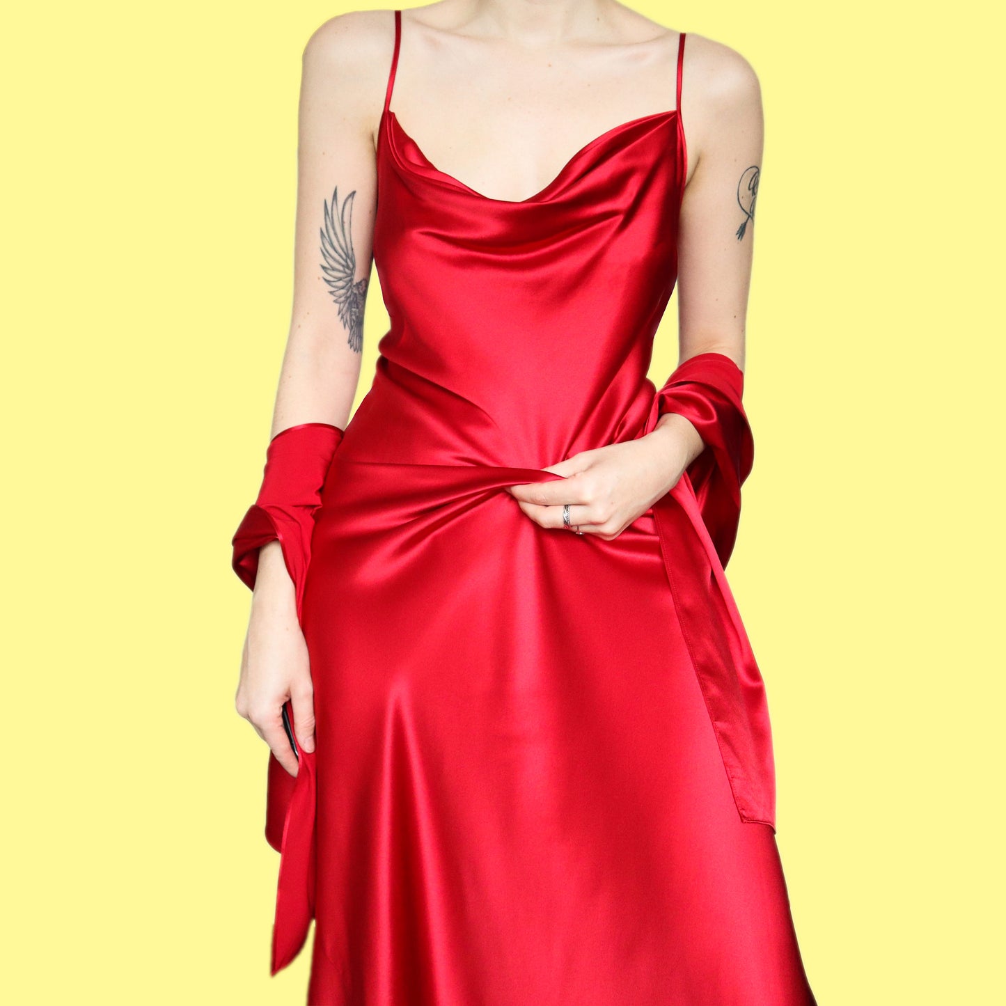 Stunning red 100% silk satin slip dress with a matching shawl UK 18