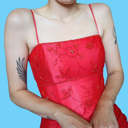 Red beaded a line prom dress UK 10