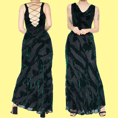 Beautiful green & black velvet devore evening dress UK 12