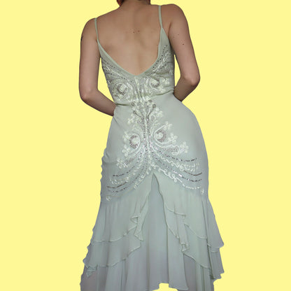 Green 100% silk midi dress & shawl UK 14