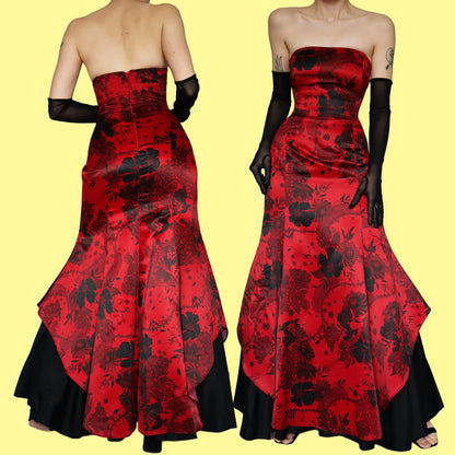 Red print strapless flared hem evening dress UK 14