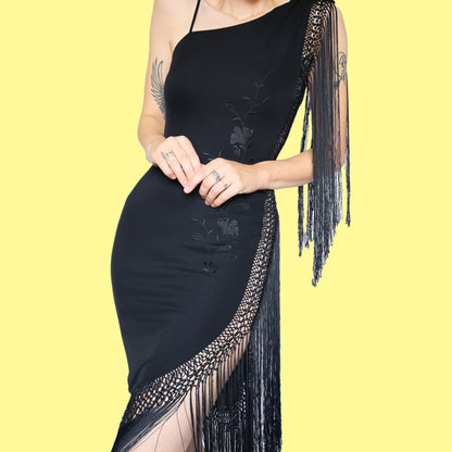 Black stretch fringed evening dress UK 12