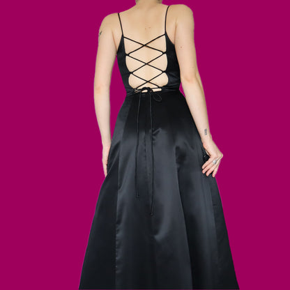 Black a line lace up back evening dress UK 6