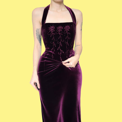 Purple velvet sheer back evening dress UK 12