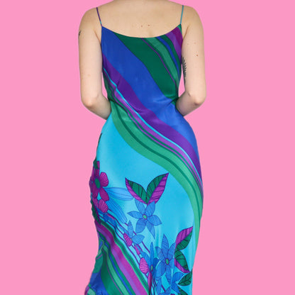 Beautiful 100% silk floral stripe print slip dress UK 10