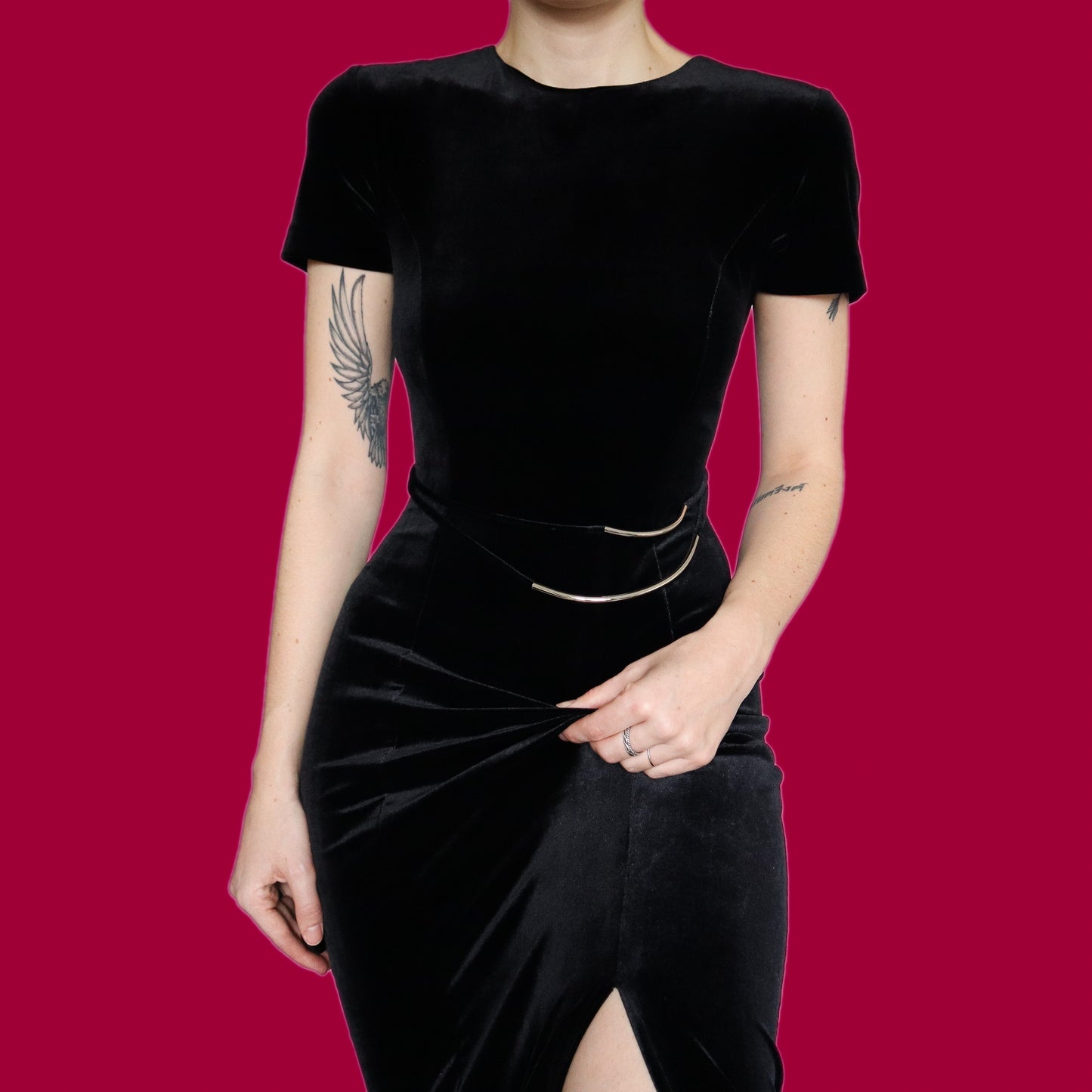 Super chic black velvet stretch midi dress UK 14