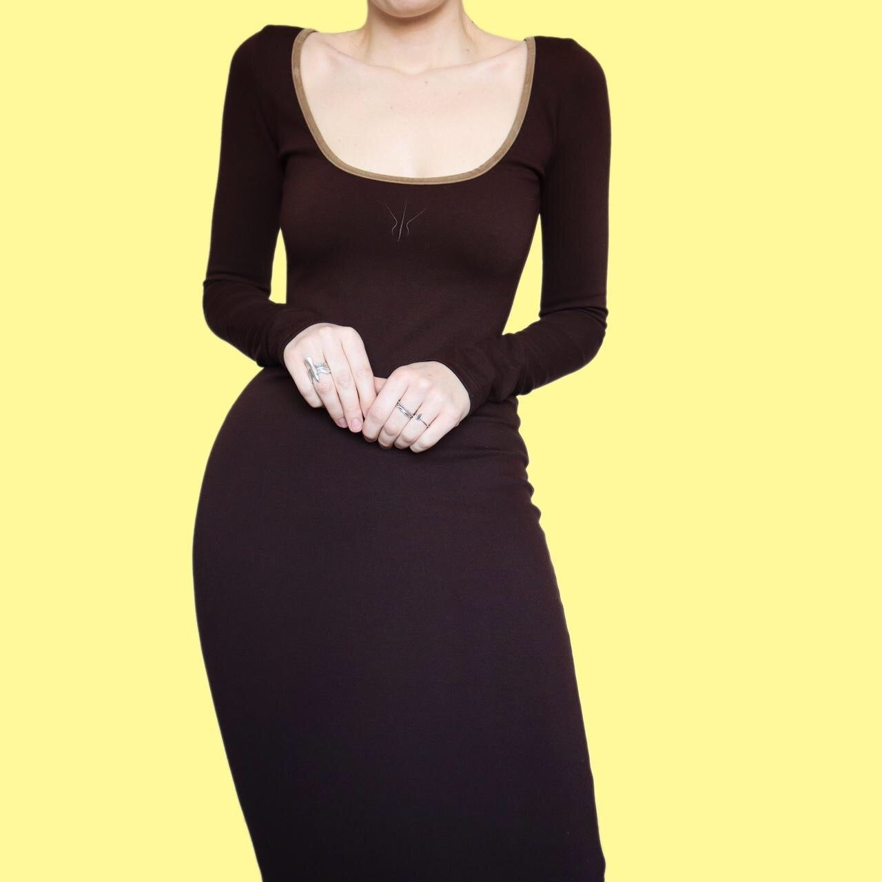 Designer Nick Coleman brown long sleeve stretch maxi dress UK 10