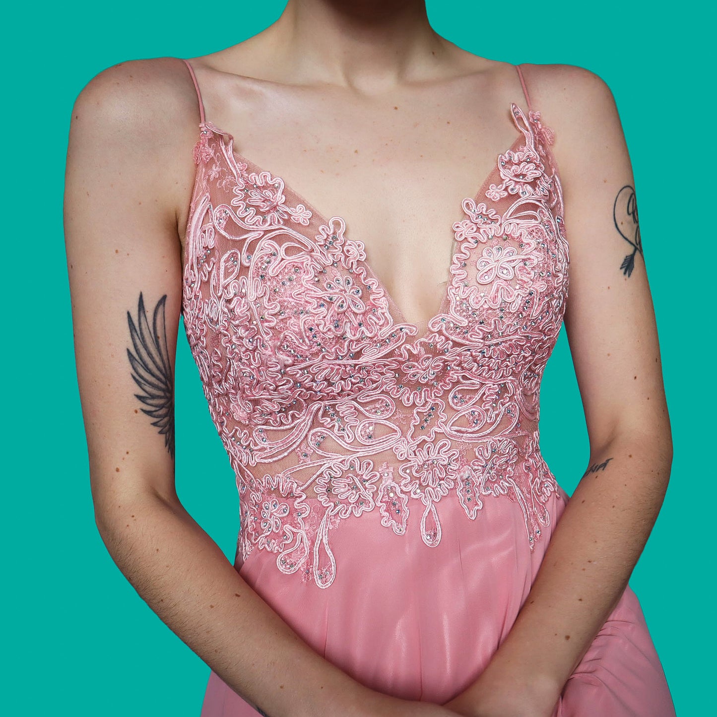 Pink lace flared evening dress UK 10