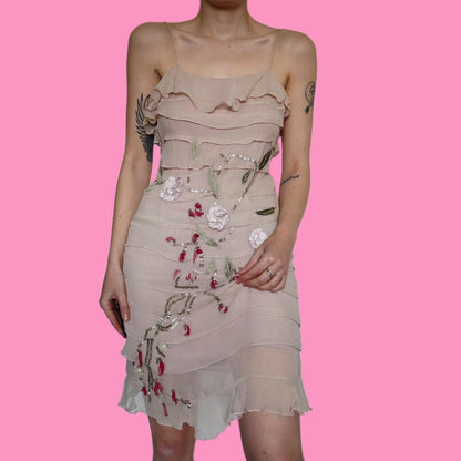 100% silk dusky pink layered mini dress UK 12