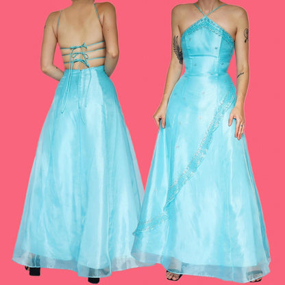Stunning sapphire organza a line evening prom dress UK 8
