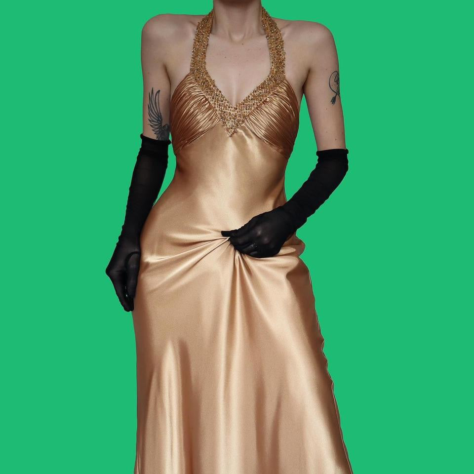 Gold silky halter neck evening dress UK 8