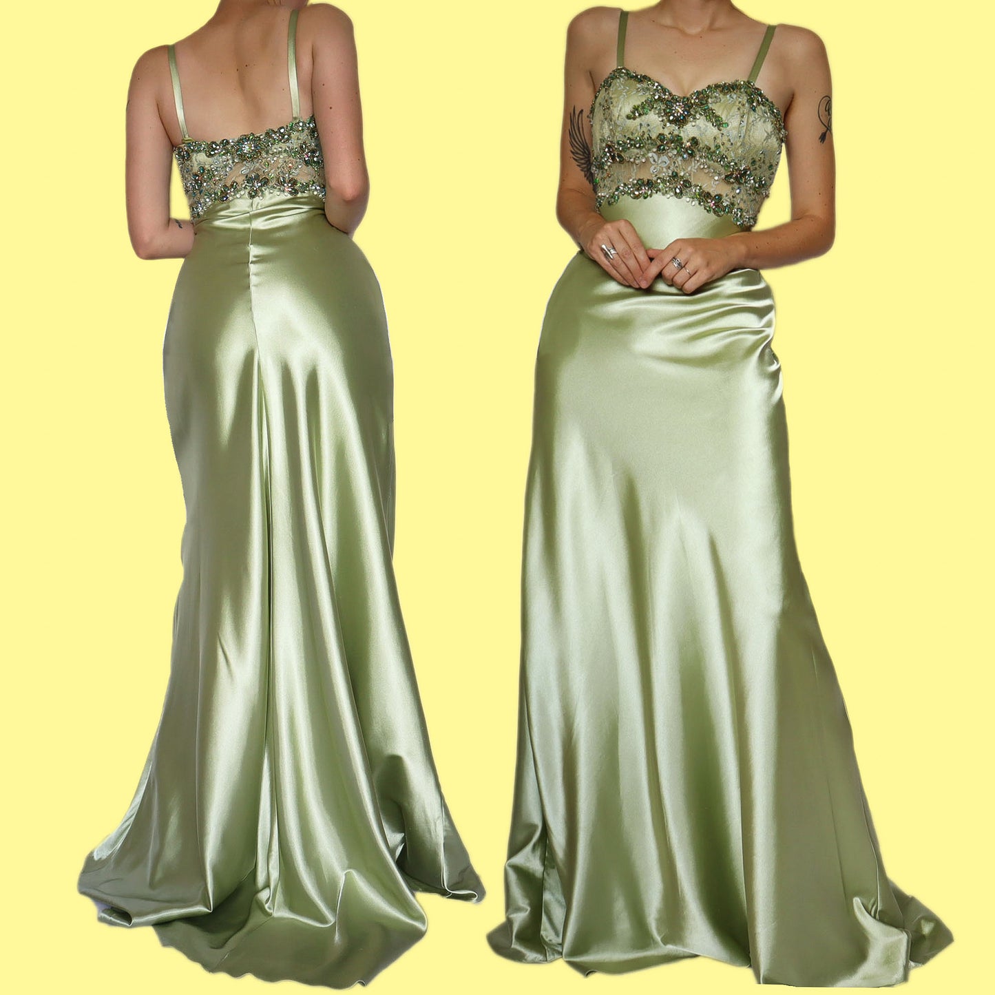 Green satin beaded evening prom dress UK 12