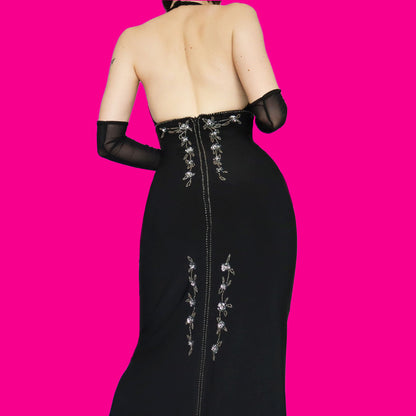 Black stretch halter neck evening dress UK 10