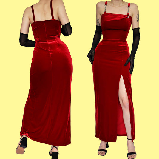 YVE red velvet diamanté dress UK 14-16