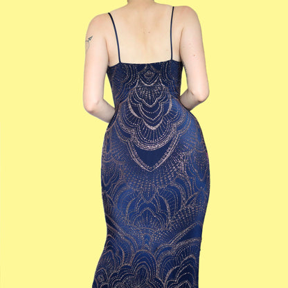 Navy stretch glitter slip evening dress UK 8