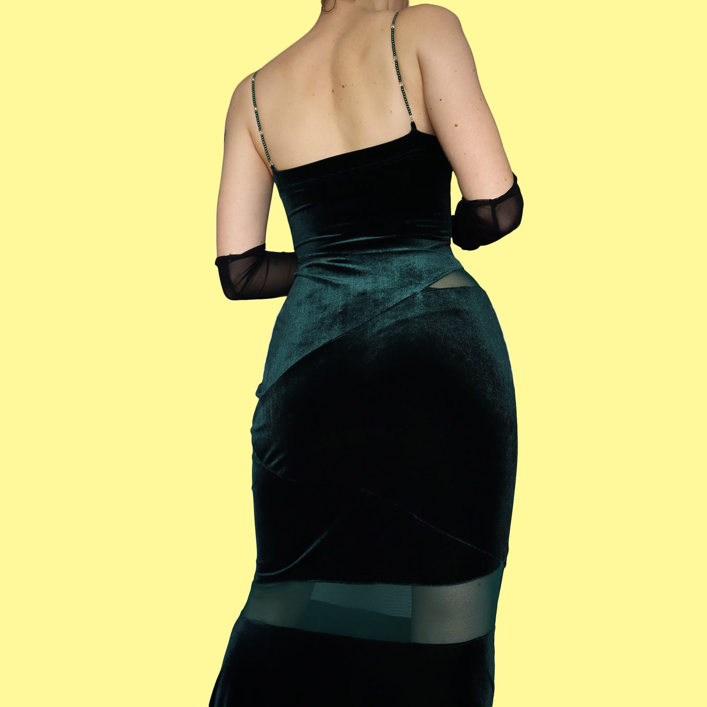 Green velvet cut out evening dress UK 14