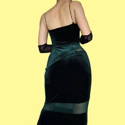 Green velvet cut out evening dress UK 14