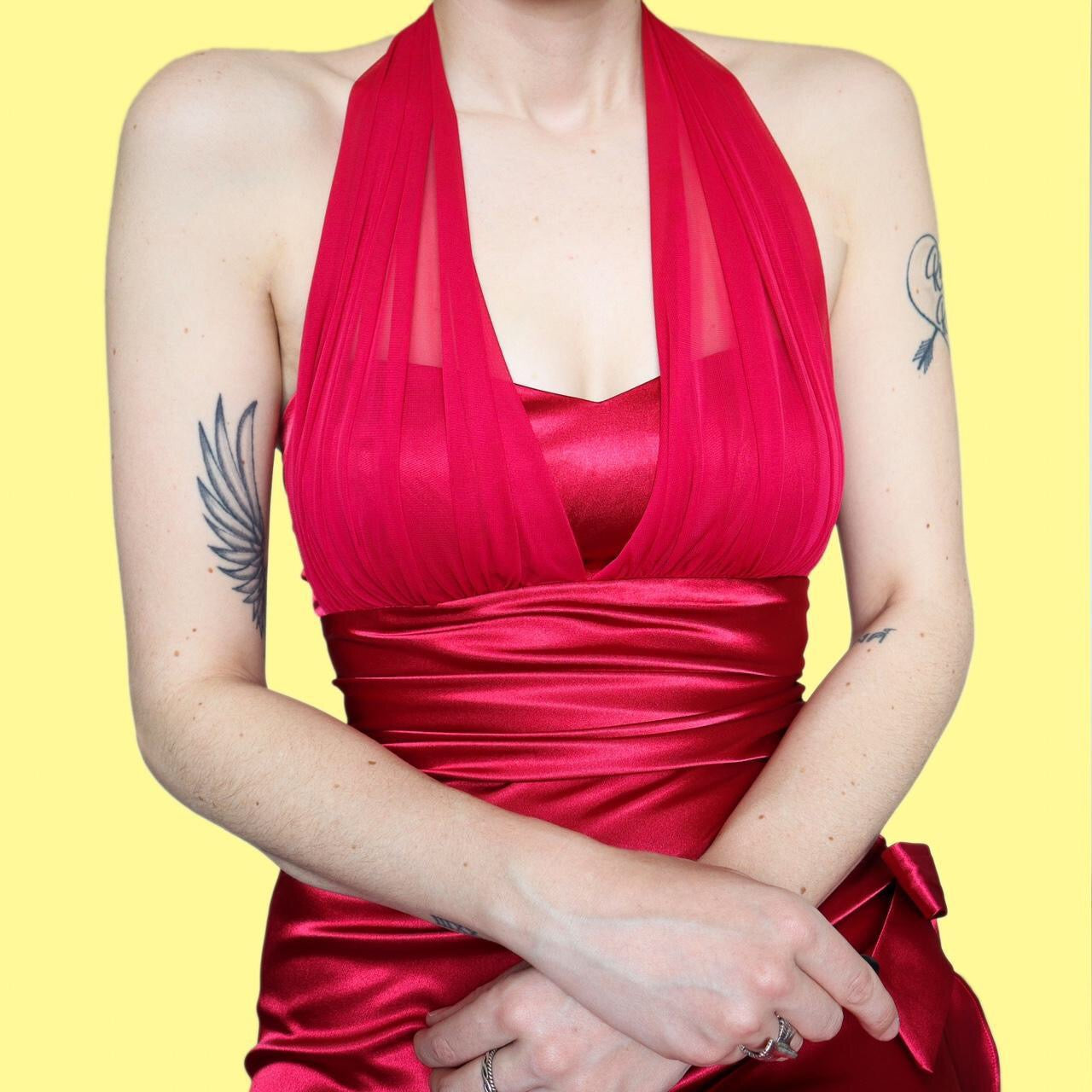 Stunning red satin draped evening dress size UK 10