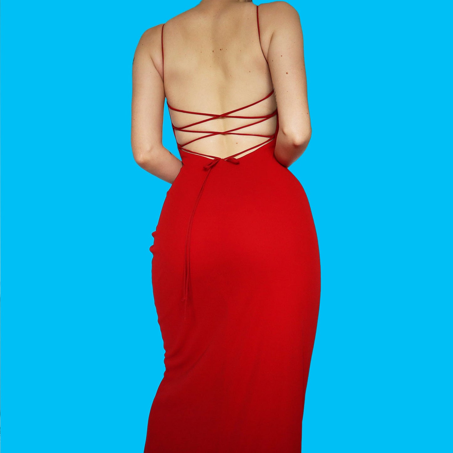 Red stretch lace up back evening dress UK 10