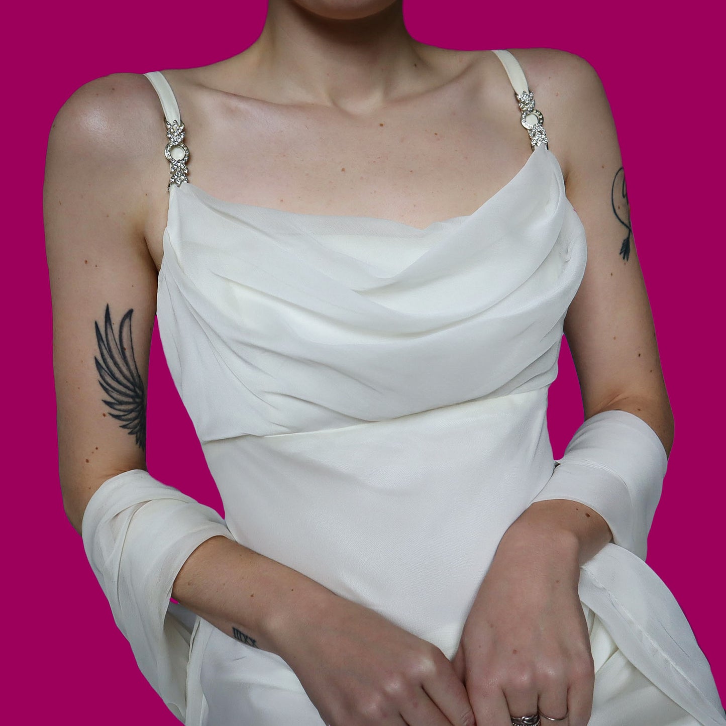 White chiffon evening dress with shawl UK 12-14