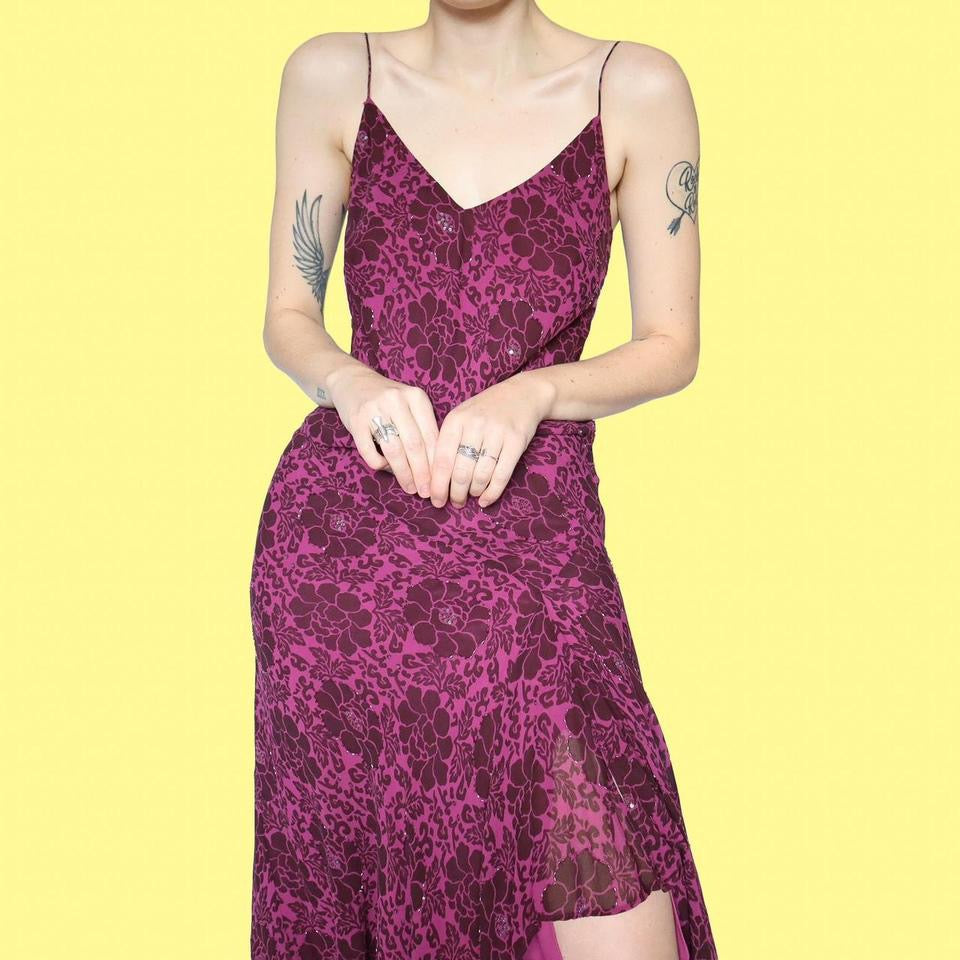 Purple 100% silk floral midi dress UK 12