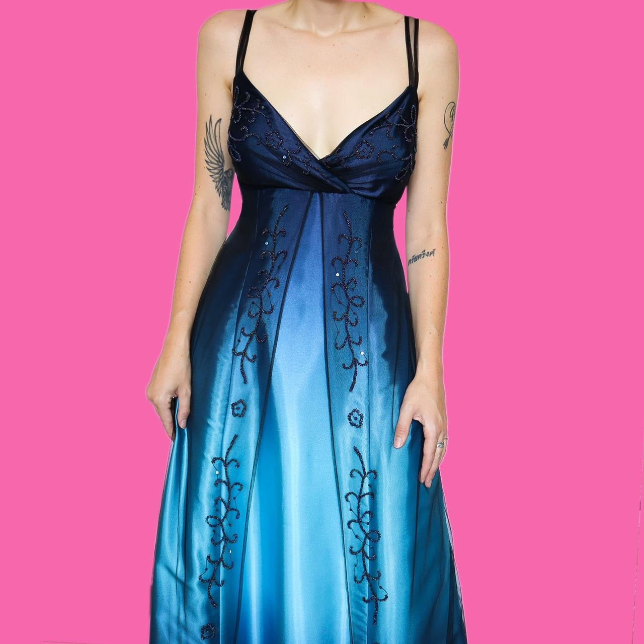 Blue ombré beaded evening dress UK 16