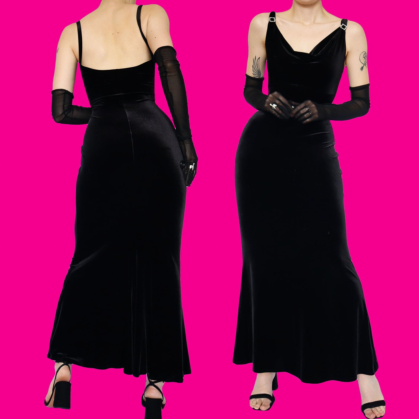 Black velvet stretch diamanté evening dress UK 12