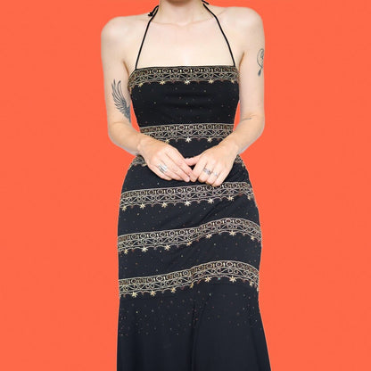 Stunning black & gold stretch evening dress UK 14